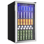 [126 Can Mini Fridge] Beverage Refrigerator Cooler, 126 Can Mini Fridge with Glass Door for Soda Beer Or Wine, Beverage Cooler for Home, Office, Bar with Adjustable Removable Shelves, Silvery