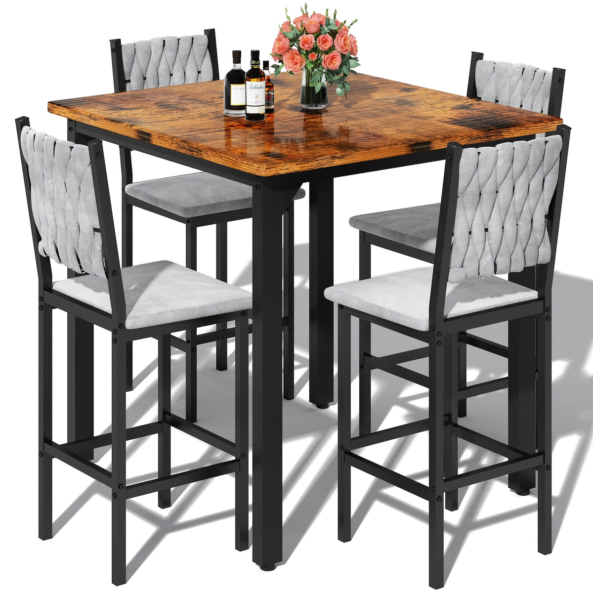 5pcs Dining Table and Chair Set, Modern Contemporary Kitchen Furniture with Upholstered Chairs, Rectangle Mixed Color Counter Height Table and 4 Bar Stools, Compact for Small Space, Imitation Marble Texture, Suitable for Living Room and Bar
