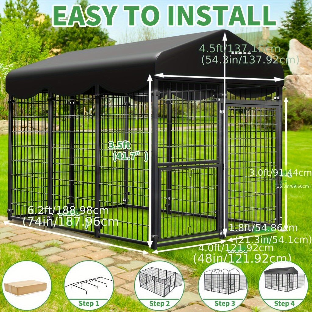 Sturdy Canine Crate, Metallic Animal Shelter And Outdoor Pet Area Featuring a Canopy, Food Dish, Secure Locking Gate, Easy Setup, Perfect for Dogs, Felines, Chickens, And Ducks, Without Battery