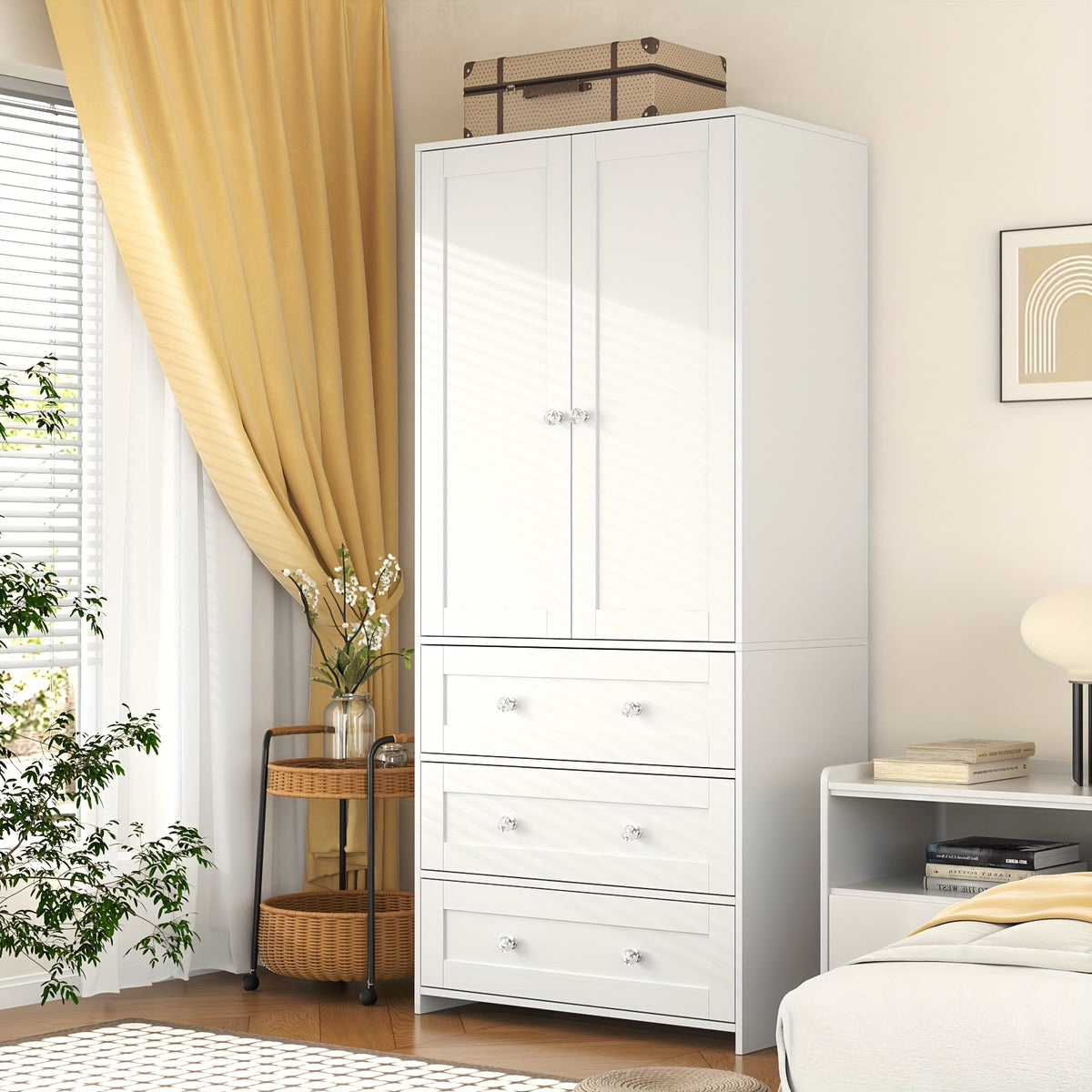 31.5" /47.3"/63" Wardrobe Armoire Closet with Mirror & Hanging Rod, Large Drawers & 2/3/4 Doors