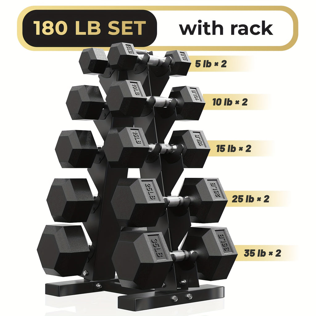 Hex Weights Dumbbells Set with Rack, 60-230 Lb Rubber Coated Dumbbell Sets with Storage, Free Hand Weight for Strength Training, Exercise, Fitness, Home, Gym, Heavy Duty