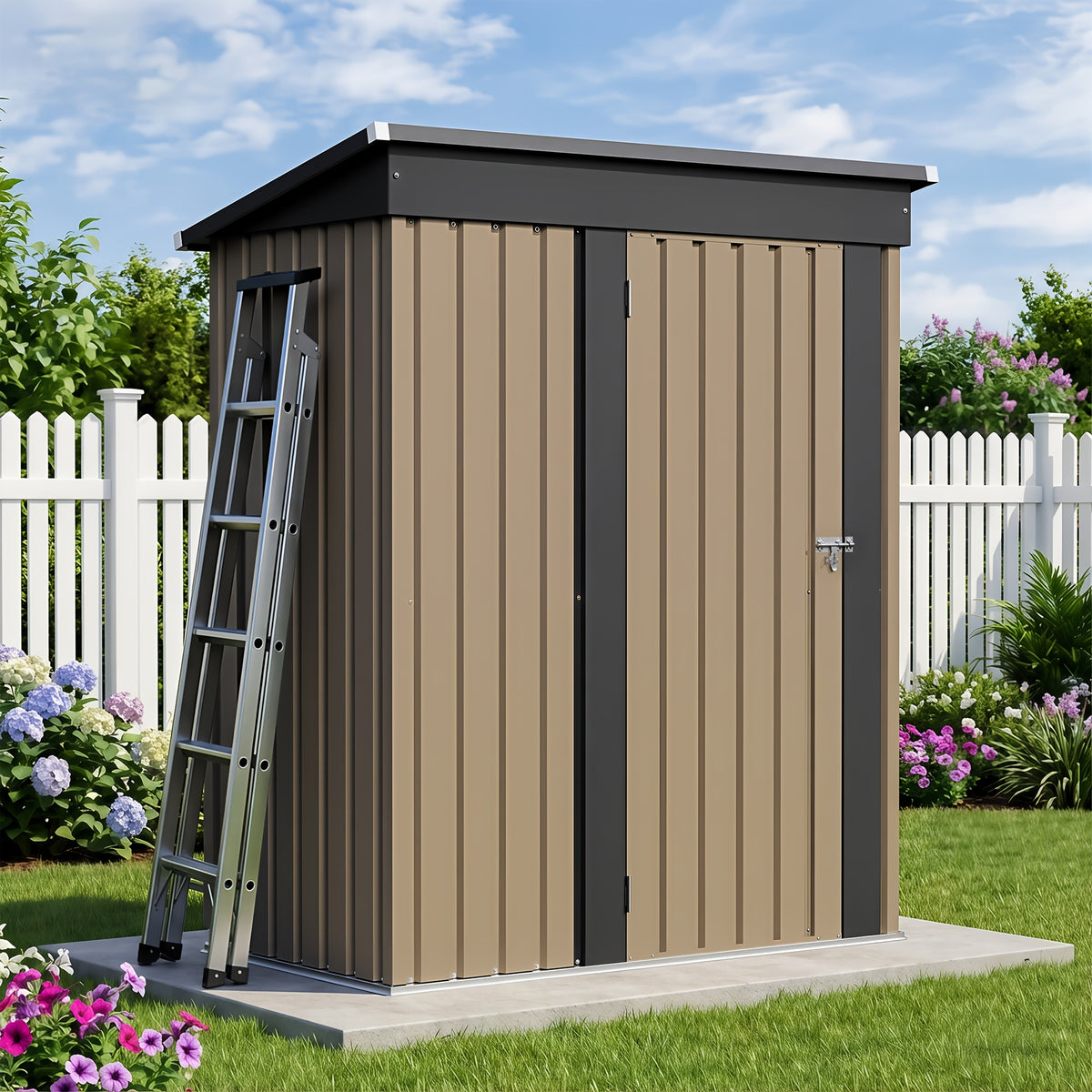 Outdoor Storage Shed by GUNJI, Lockable Steel Tool House in 5 x 2.7 ft or 8 x 10 ft Options