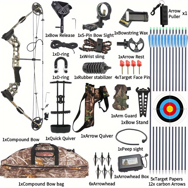 Composite Bow Camouflage Series Archery Set Made of Aluminum Alloy Material for Outdoor Hunting and Shooting. Composite Bow Tension Is Adjustable from 20 Lbs to 70 Lbs, Suitable for Beginners