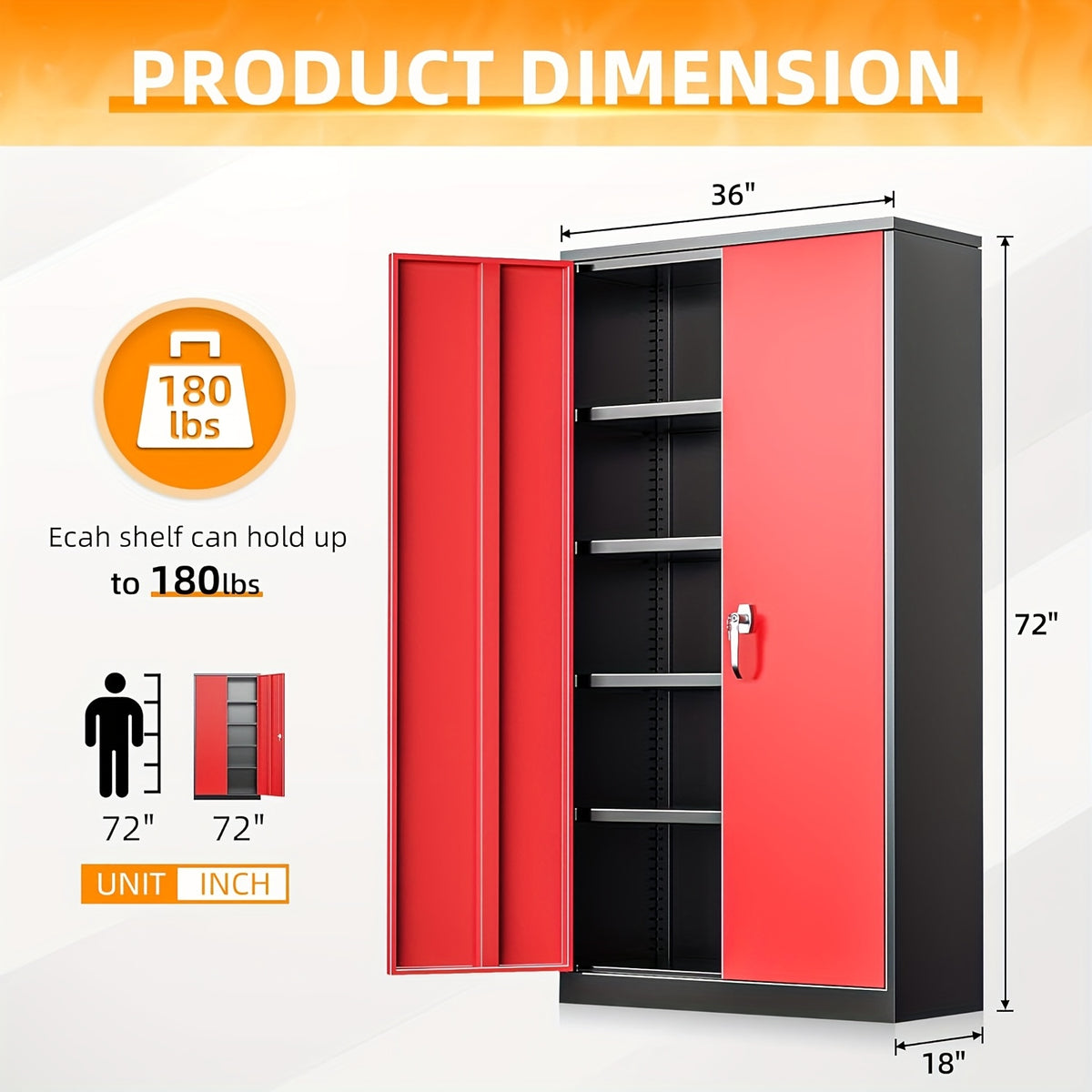 72-Inch Metal Storage Cabinet with Locking Door for Garage, Equipped with 4 Adjustable Shelves, Suitable for Repair Shops, Garages, And Warehouse Storage (Red 72''X 36" X 18")