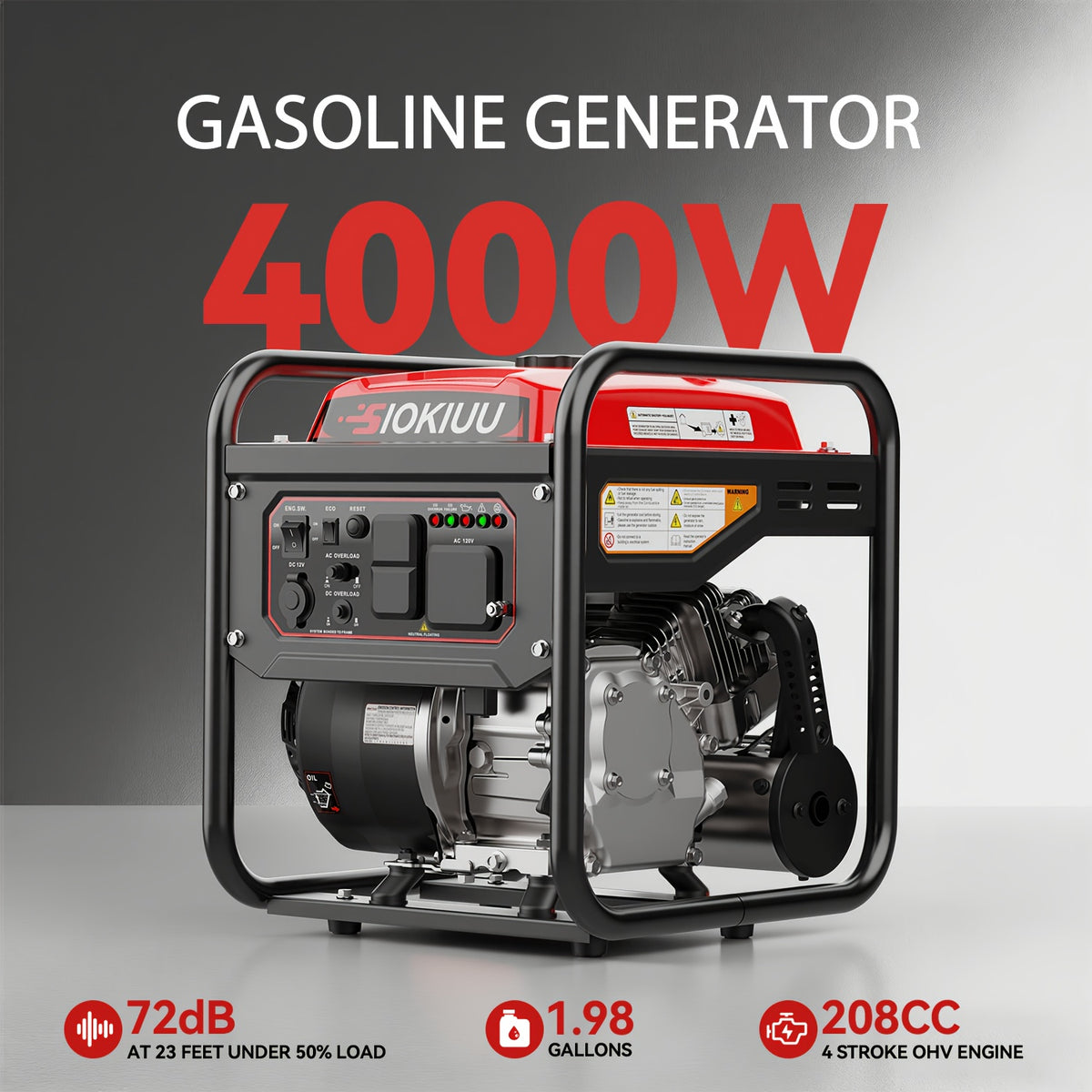 4000W Inverter Generator 208CC , 3200W Rated, Ultra Quiet, CO Alarm, 120V/60Hz 12V DC Output, Great For RV, Camping, Backyard, Outdoor Working & Home Backup Power, Without Battery