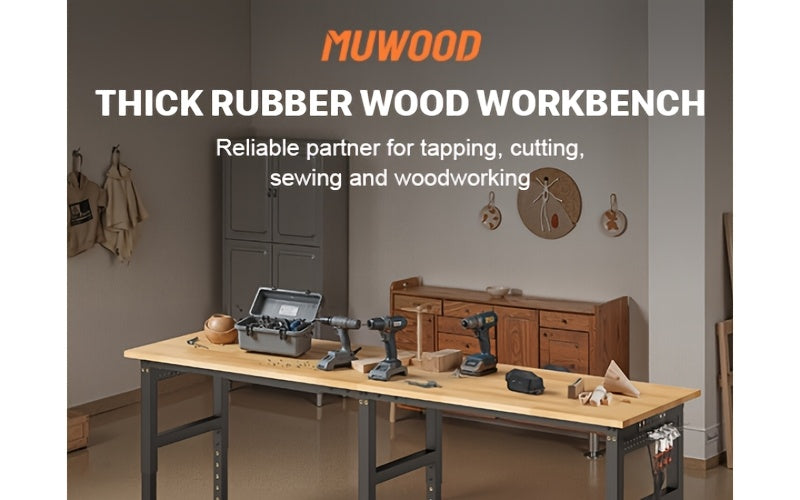 96"84"72"60"48"Adjustable Height Workbench with Power Outlet & Pegboard, 28"-40"Height Heavy Duty Solid Wood Work Table with 2000 to 5000 LBS Load Capacity for Garage, Shop, Office, Home