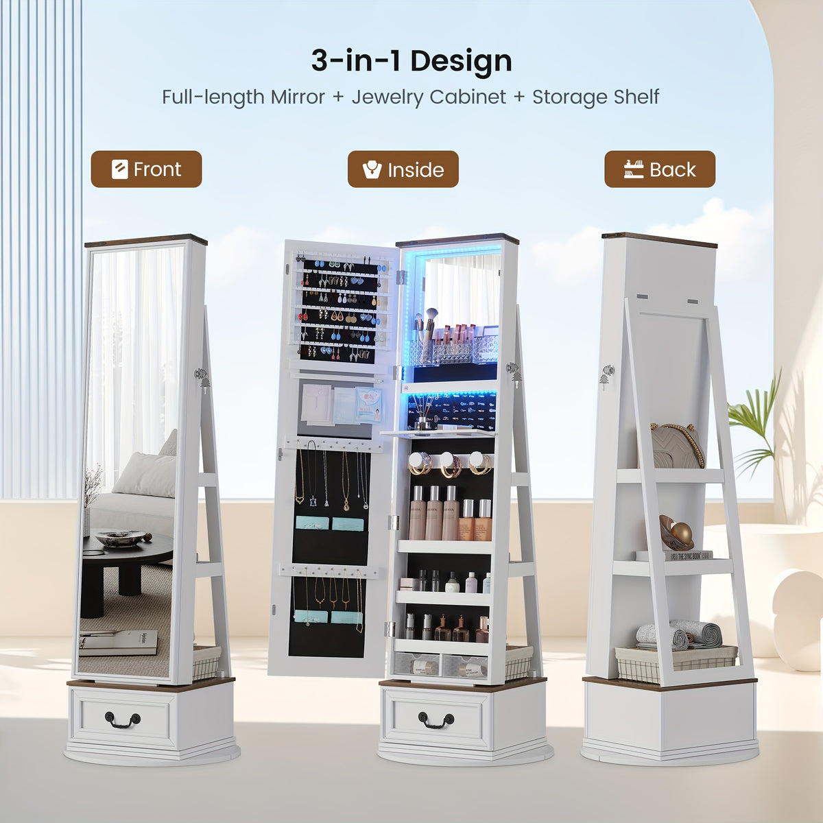 Vintage-Inspired 360° Swivel Jewelry Mirror Cabinet with Lights - Lockable, Full Length Organizer with Storage Drawer for Bedroom Decor - For Women - Perfect for Makeup & Jewelry Storage - Ideal Gift for Her
