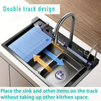 Kitchen Sink Double Waterfall Sink with LED Display with Cup Washer, Soap Dispenser, Waterfall Mixer, Worktop Controller, Etc. Workstation Kitchen Sink