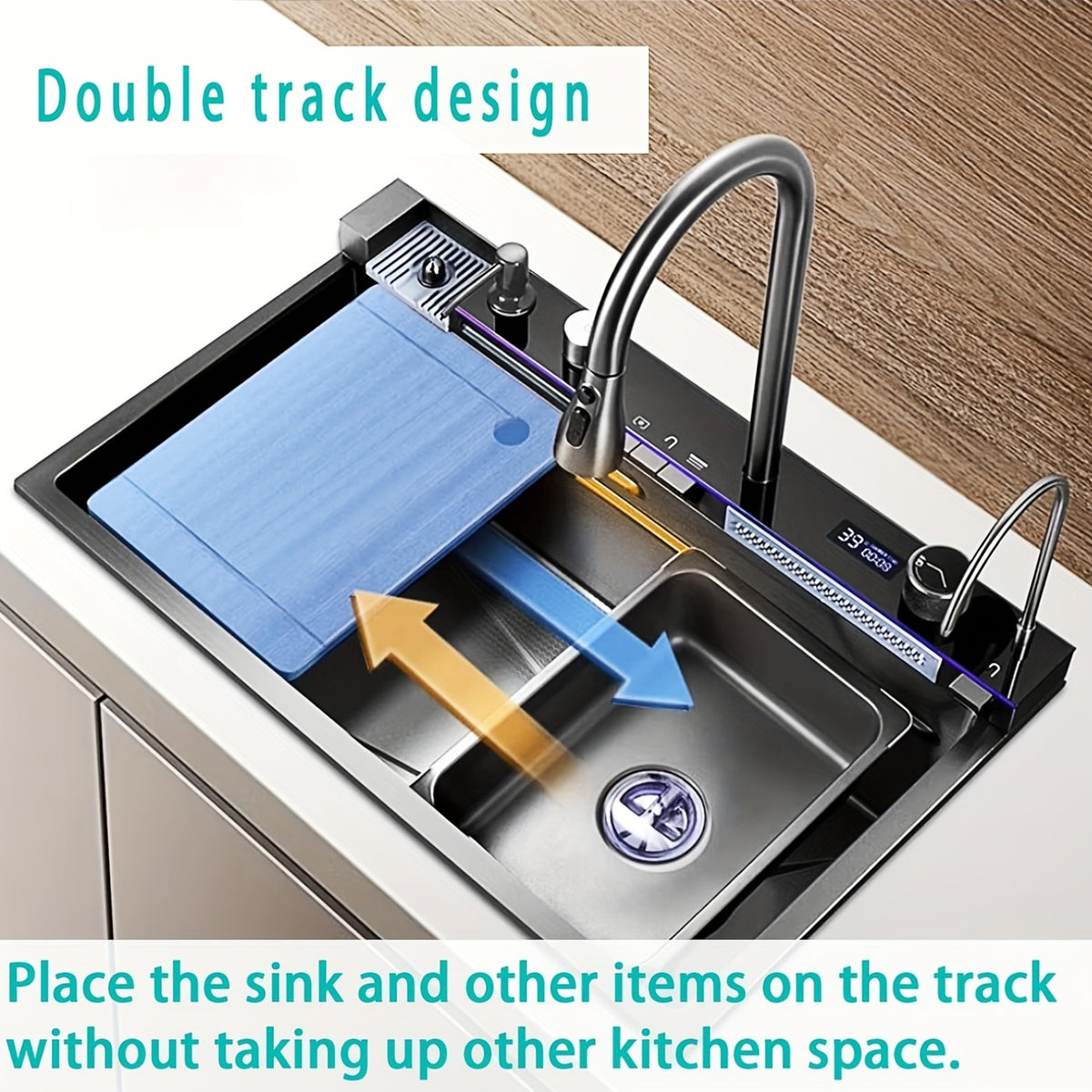 Kitchen Sink Double Waterfall Sink with LED Display with Cup Washer, Soap Dispenser, Waterfall Mixer, Worktop Controller, Etc. Workstation Kitchen Sink