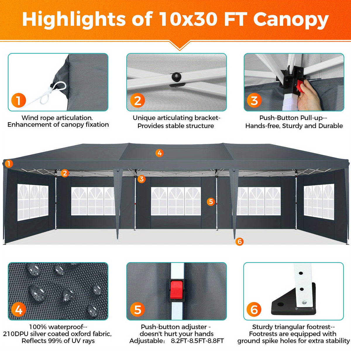 10x30ft/10x20ft Pop-up Canopy Tent, Canopy with 8 Removable Sidewalls, with Sandbags And Carry Bag, Three Adjustable Heights, Perfect for Patios, Lawns And Gardens, Event Parties, Market Stalls