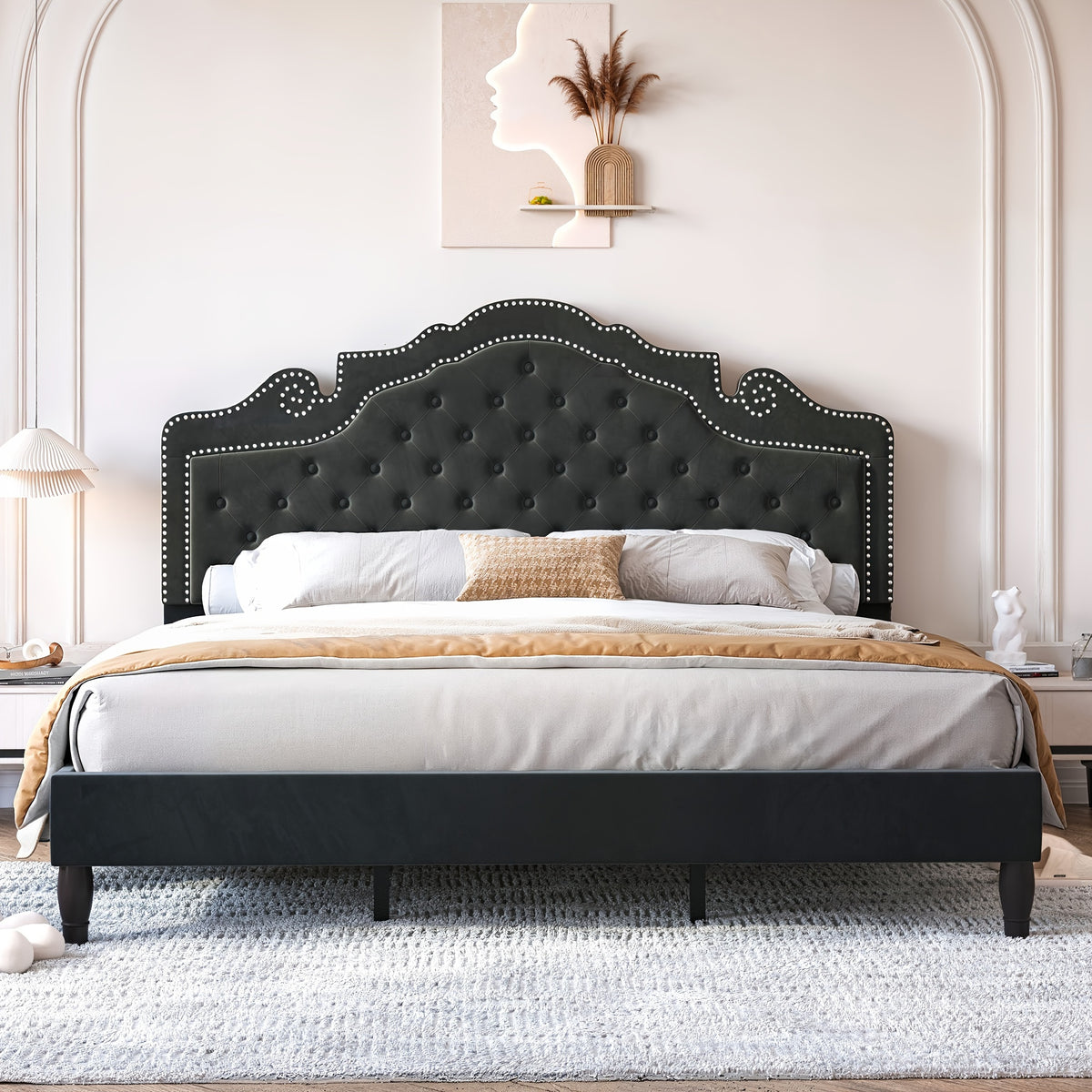 WEEWAY Full/Queen/King Bed Frame with Velvet Adjustable Tiara Curved Headboard And High Resilience, Upholstered Diamond Button Tufted Platform Bed with Wood Slats/No Box Spring Needed/Noise Free/Black/Dark Grey