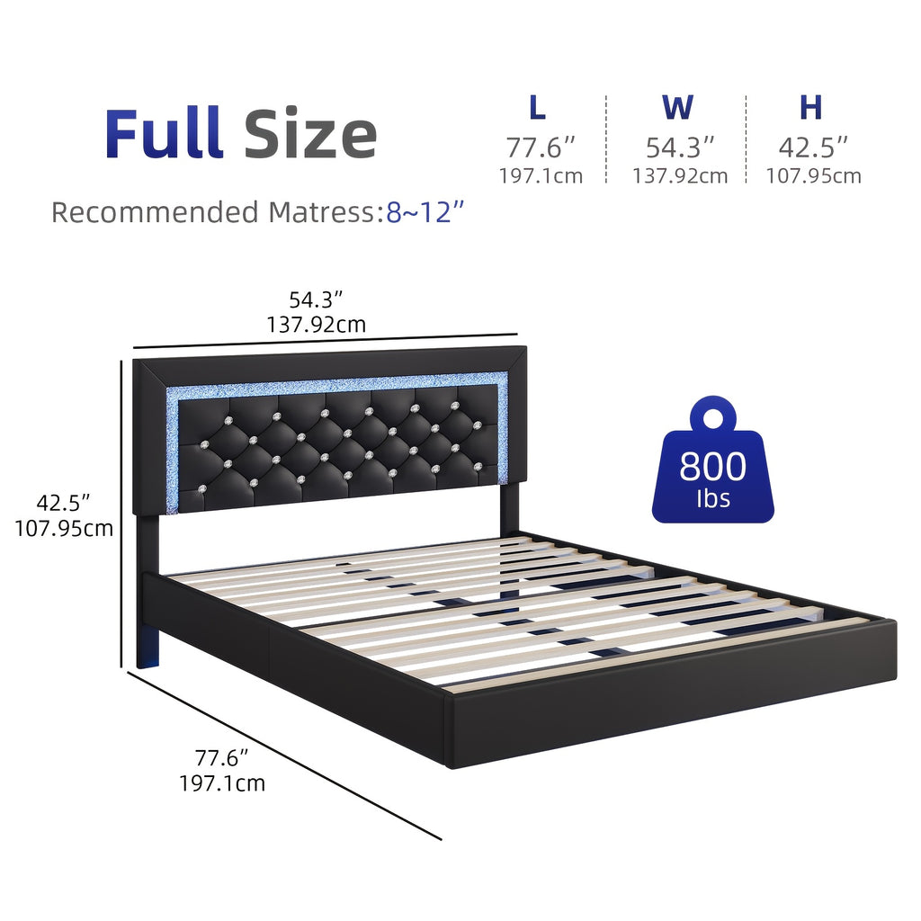 Twin Full Queen King Size Floating Black/White/Pink Bed Frame with LED Lights, Platform Bed with Diamond Tufted Headboard, Wood Bed Frame, Bed Frame Queen Size No Box Spring Needed, Noise Free, Easy Assembly, Black/White/Pink