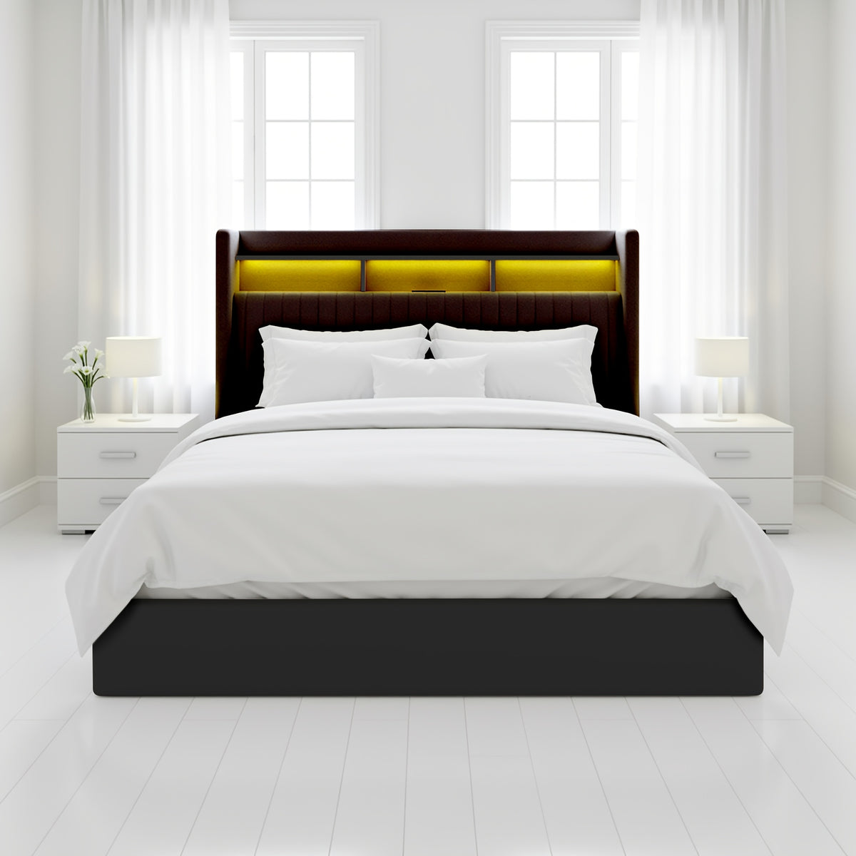 WEEWAY Lift Up Storage Bed Frame, Velvet Vertical Channel Headboard, LED Light And Charging Station, Hydraulic Support, Noise-Free Wooden Slats, No Box Spring Needed, Bedroom Furniture, Masterroom, Guestroom, White, Black, Cream, Grey, Free Shipping
