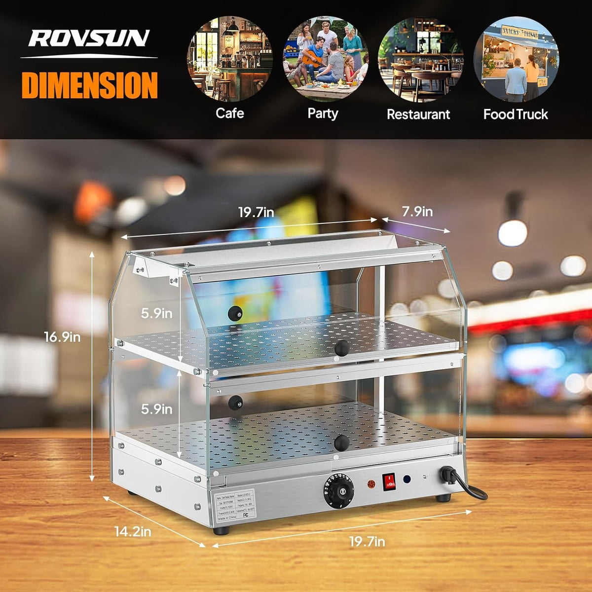 2-Tier Food Warmer Pizza Warmer Countertop, Food Warmer Display Pretzel Warmer with LED Lighting Front and Rear Doors, Electric Catering Hot Box Acrylic for Buffet Restaurant Cafe