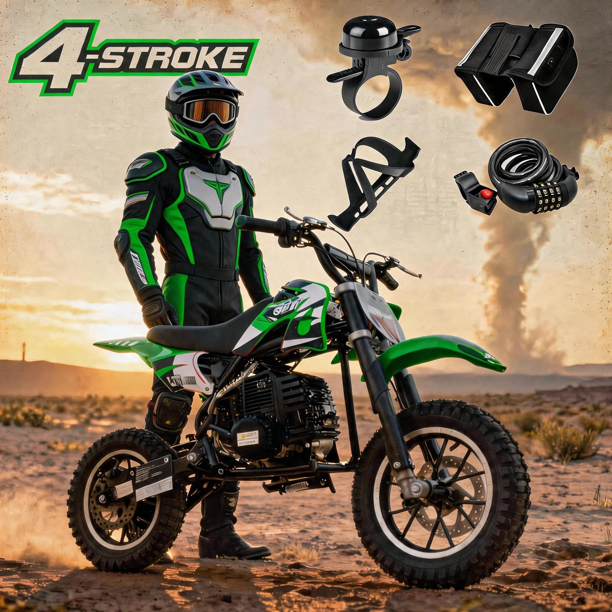39cc gas powered mini bike, 4-stroke engine motorcycle with a maximum speed of 20 miles per hour, compact off-road bike, durable metal frame, easy to start drawstring system, small energy-saving motorcycle suitable for outdoor exploration, front and rear