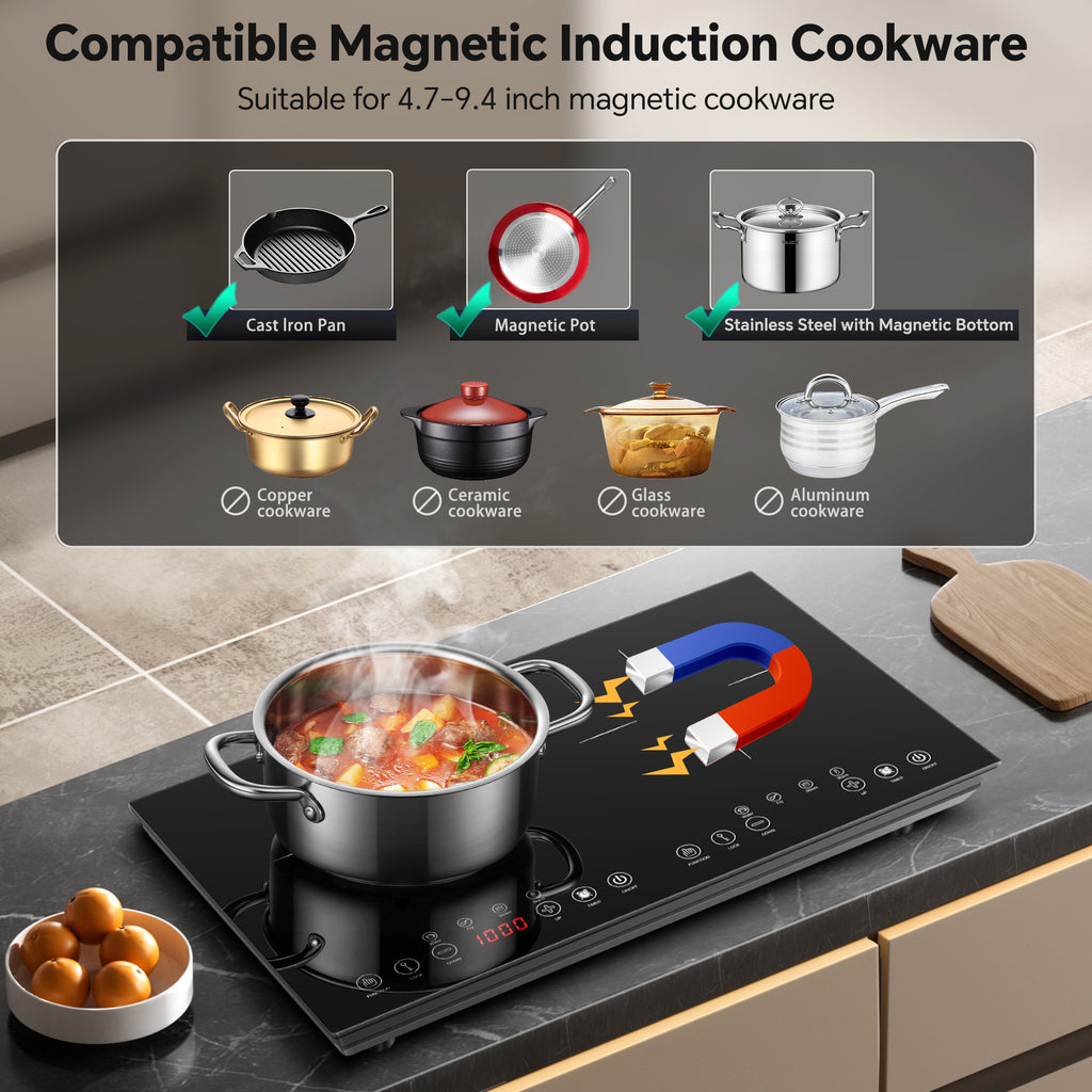 Portable Induction Cooktop 2 Burners, 1800W Double Induction Cooker with 8 Power Settings, 4 Pre-Set Modes, Ultra Thin Design, Sensor Touch Control, Child Safety Lock & Timer, Kitchen Electric Cooktop