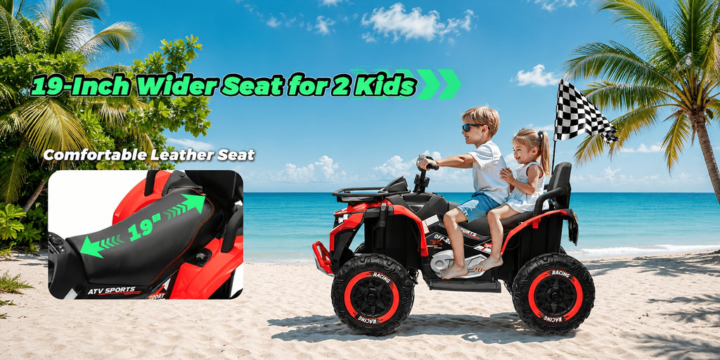 24V Electric Kids ATV Quad, 4WD Off-Road Vehicle, 2-Seater with Leather Seats And Knee Pads, Ride-On for Boys And Girls (/Red//Black) - Ideal Birthday/Christmas/Halloween Gift, 3 Speeds, Remote Control Design