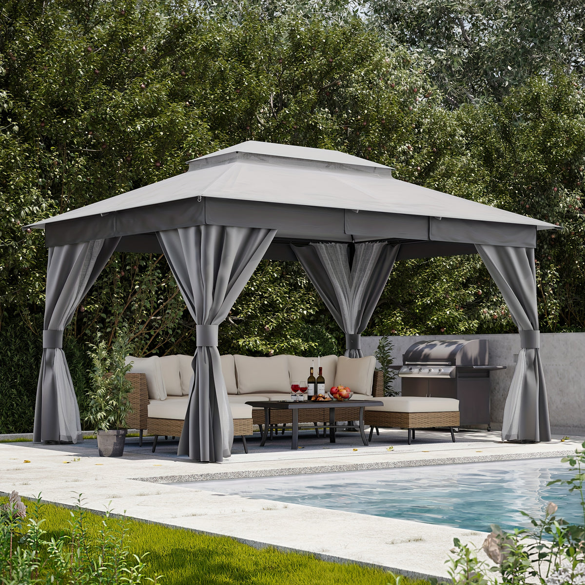 Outdoor Gazebo 10x13 ft by KAMEROUT with Double Roof and Mesh Privacy Screens for Backyard Gatherings