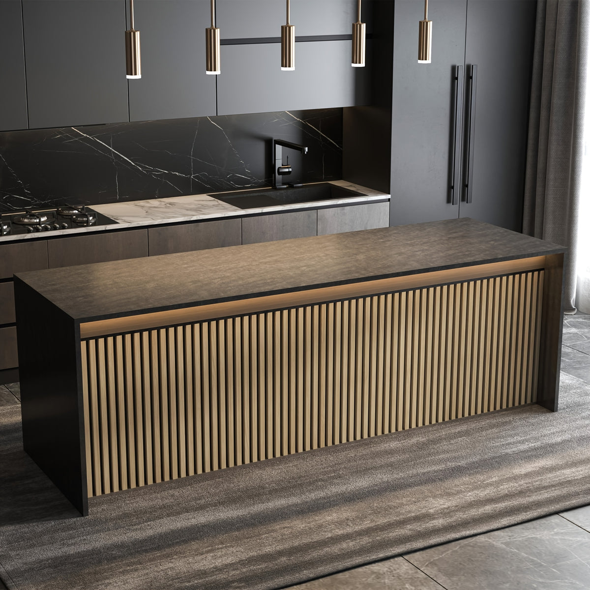 4-Sheet 93" X 12" Textured Wood-Look 3D Wall And Ceiling Tiles Noise Insulating MDF Grille Design, 31 Sq.Ft Coverage with Screws X56