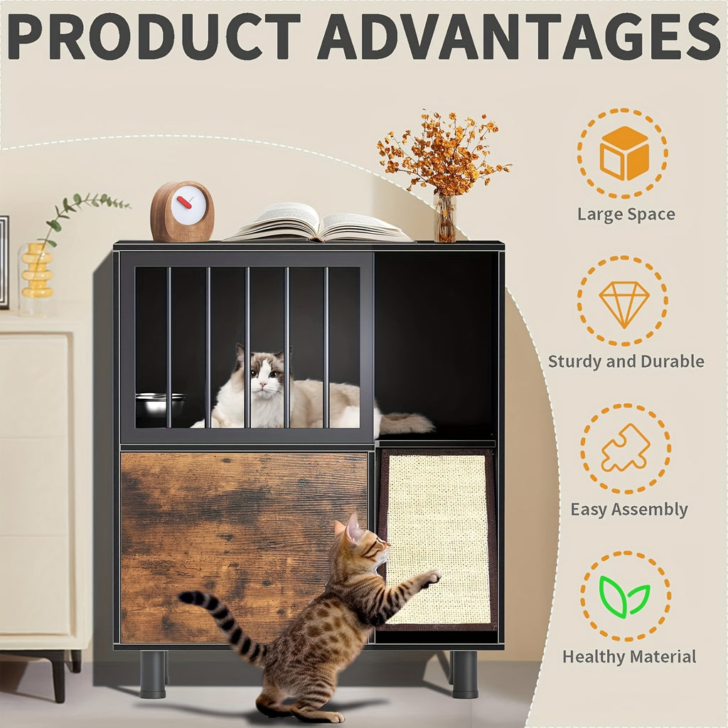 Dog-Proof Wood Cat Feeding Station with Lockable Storage And 2 Removable Stainless Steel Bowls - Anti-Spill Cat Condo with Scratching Board for Indoor Multi-Pet Homes