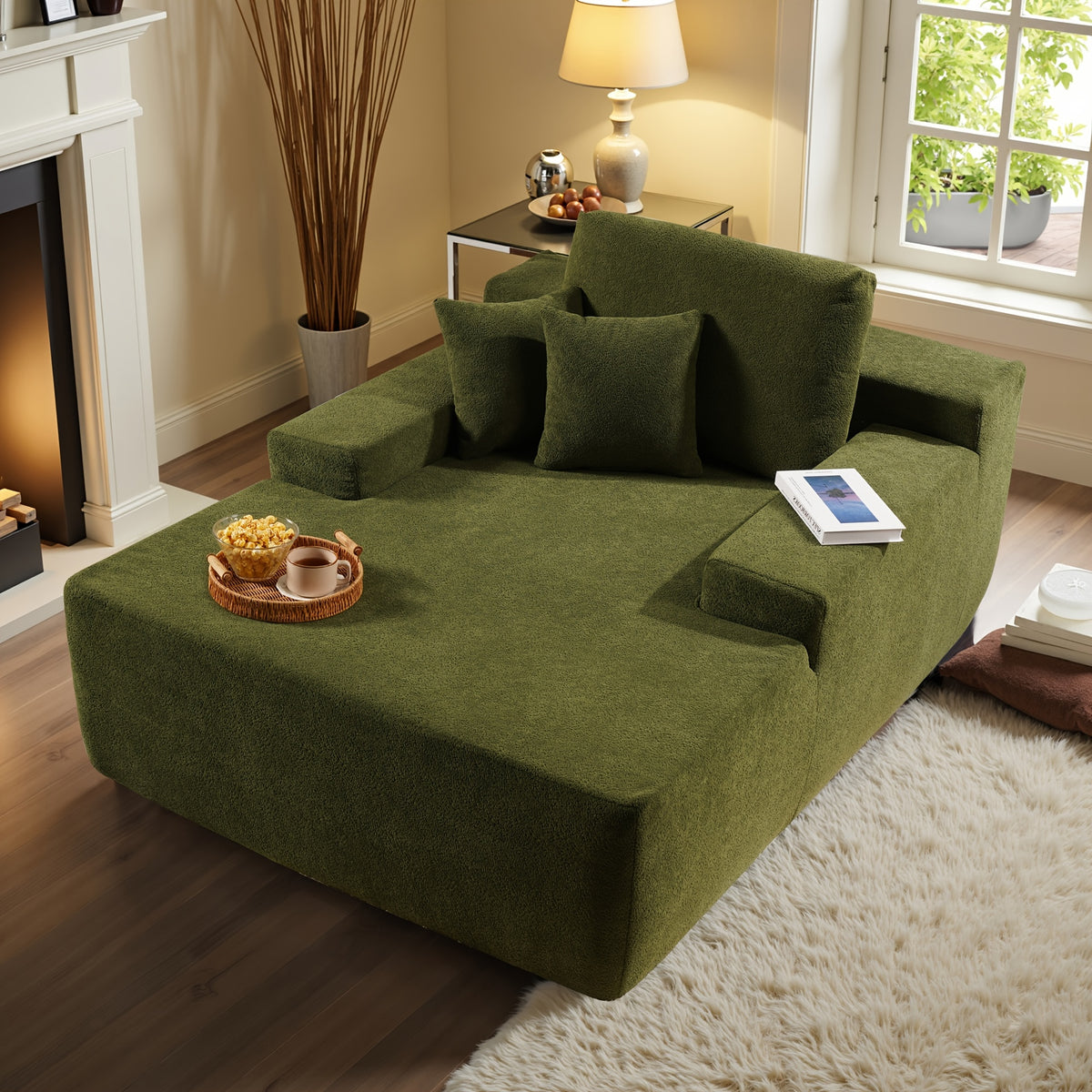 67" Oversized Boneless Lounge Chaise - Corduroy/Plush Fabric/Teddy Fleece Floor Couch with Pillows And Armrests | Deep Seat Single Sofa Bed with High Density Sponge Cushion | U Sleeper Couch for Living Room, Apartment, Bedroom | No Assembly Required