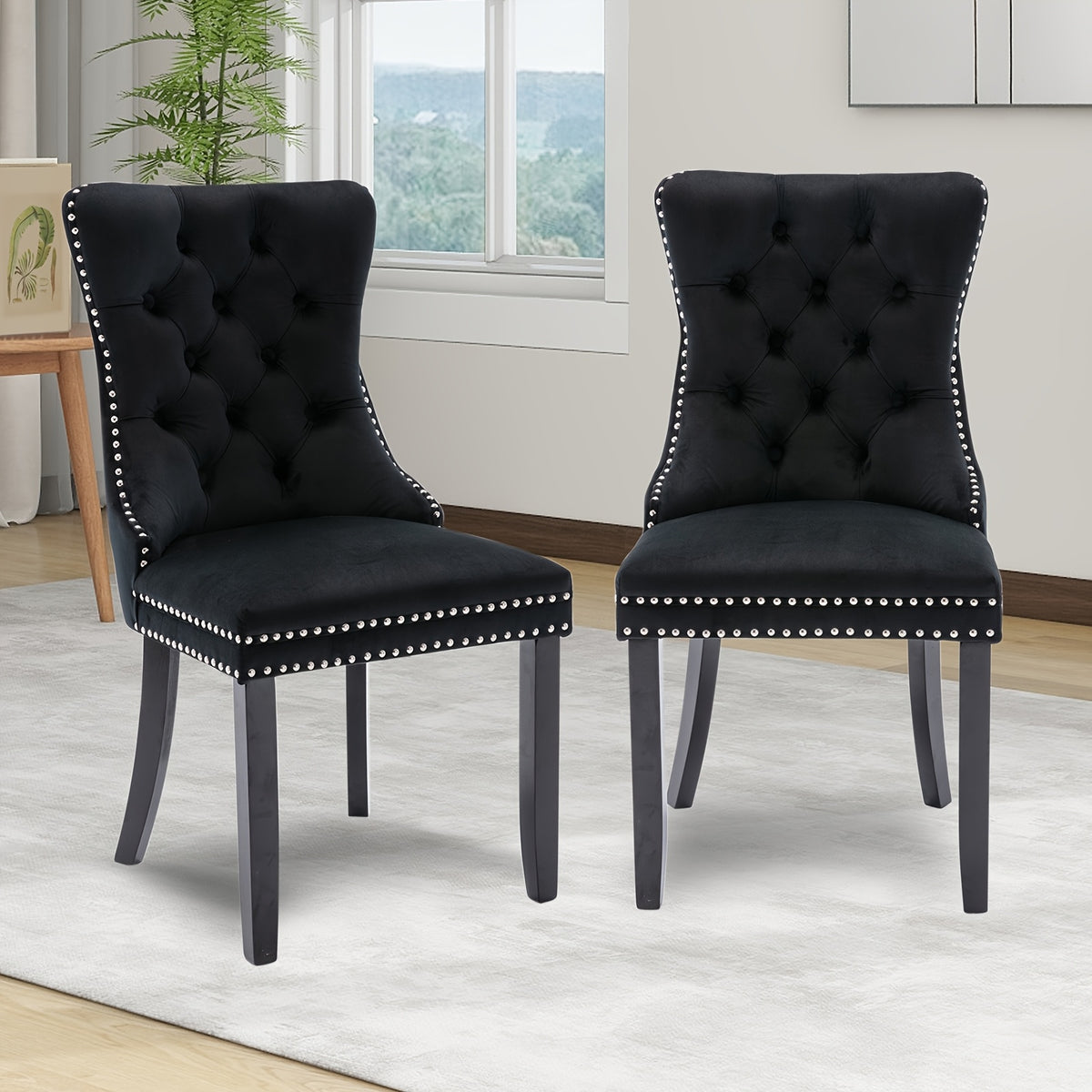 Velvet Upholstered Dining Chairs Set Of 2, Wingback Dining Room Chairs with Ring Pull Trim And Button Back, Luxury Tufted Dining Chair for Living Room, Bedroom, Kitchen