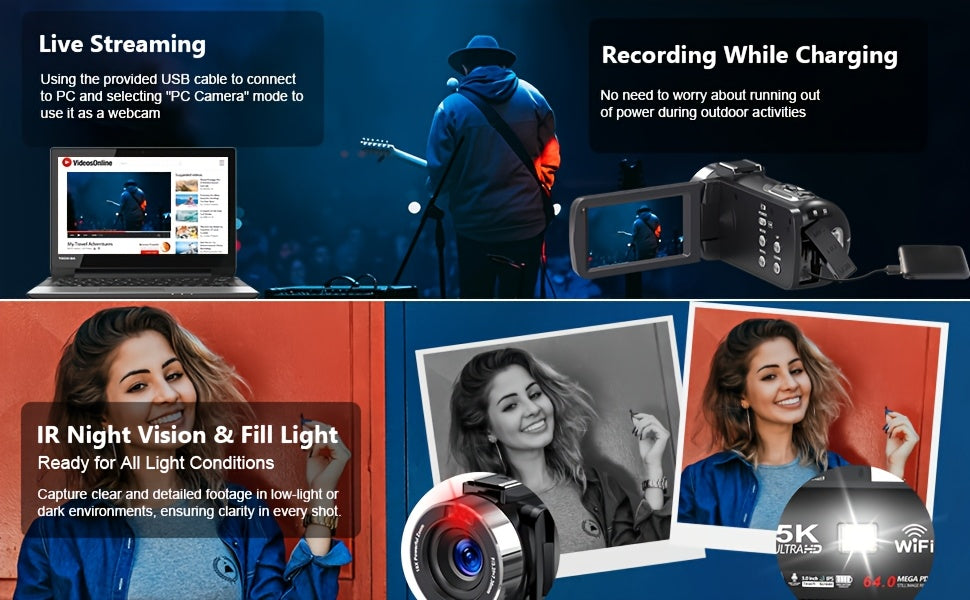 DINGETU 5K Video Camera Camcorder, 64MP WiFi Vlogging Camera for YouTube with IR Night Vision, 18X Digital Zoom, 3" Touch Screen, Webcam, Microphone, Remote Control & 2 Batteries