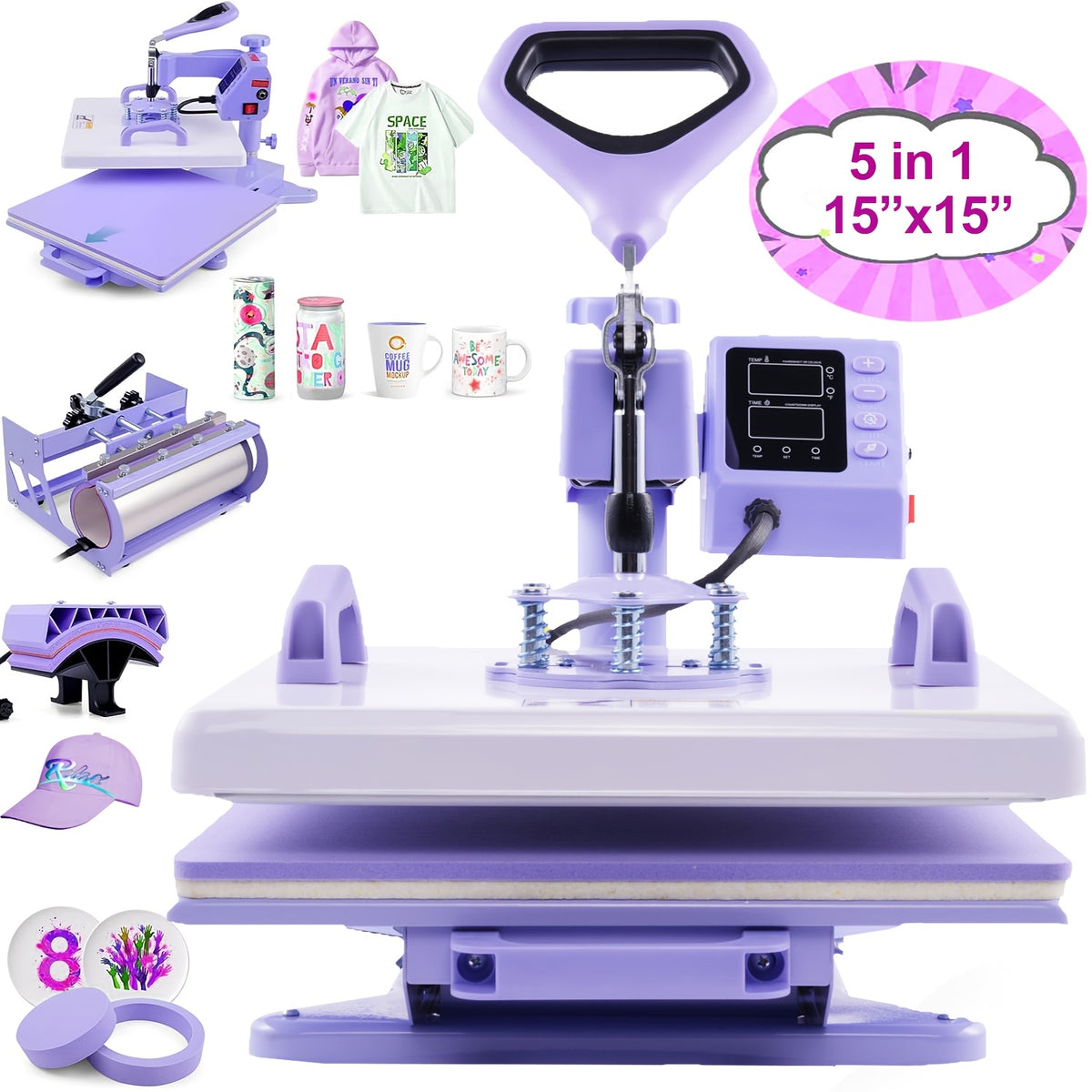 HOMDOX 15"x15" - 11pcs(8 In 1) / 8pcs(5 In 1) Heat Press Set With 30OZ Tumbler Press, Slide Out 360° Swing Away For T-Shirt/Cloth Bags/Tumbler/Mug/Hat/Plate - 15"x15" Slide Out T-shirt Heat Press Machine Can Only Press T-Shirt/Pillows/Cloth Bags