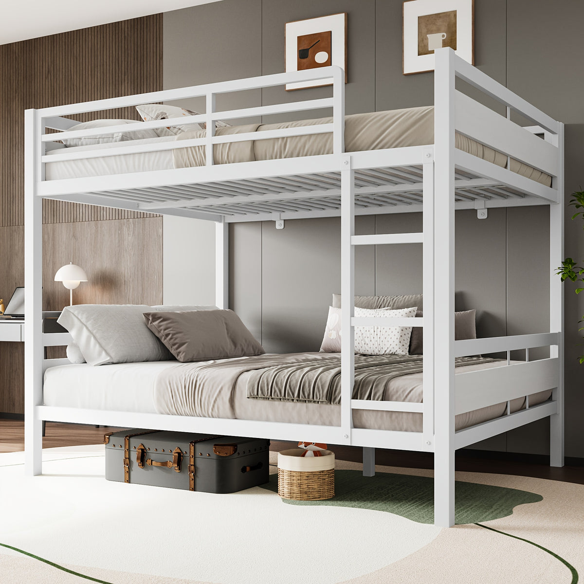 77.5"L Heavy Duty Metal Bed Frame, Twin Over Twin Or Full Over Twin Bunk Bed with Full Length Guardrails And Ladder, Black/Rustic Brown/White Options, Easy Assembly, Suitable for Shared Bedrooms, Bed Frame Without Mattress