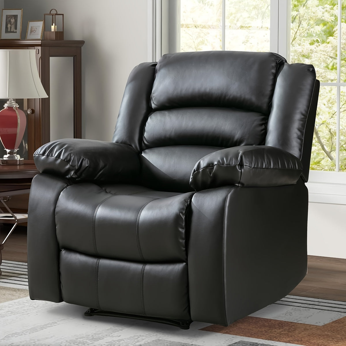 Black Recliner Chair with Overstuffed Arm and Back, Breathable Faux Leather Manual Reclining Chairs, Living Room Single Sofa Recliners