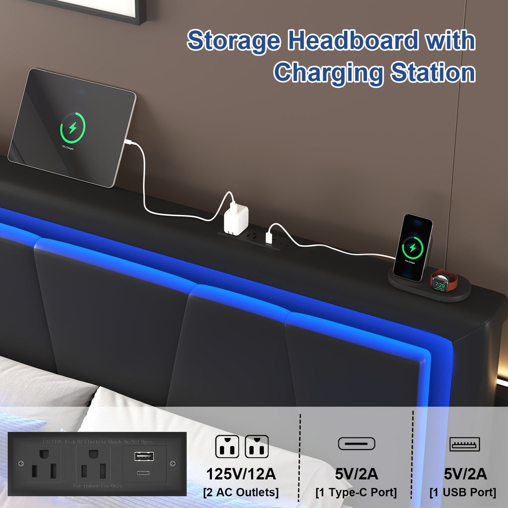 Upholstered Platform Bed Frame with 4 Storage Drawers, Twin/Full/Queen Size Bed Frame with LED Lights And Adjustable Headboard, Metal Slats Support, Charging Station, Easy Assembly, Noise Free, Black/White
