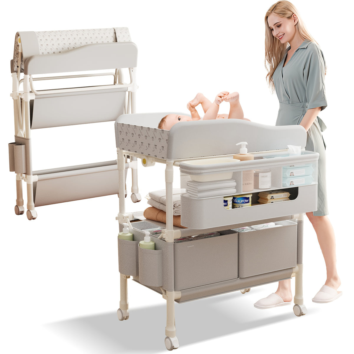 Portable Foldable Baby Changing Table with Wheels, Adjustable Height & Storage - Mobile Diaper Station for Nursery And Travel, Parenting Musthave, Compact Organizer, Spacesaving Design, Durable Plastic, Lightweight Construction, Wheeled Changing Pad, Trav