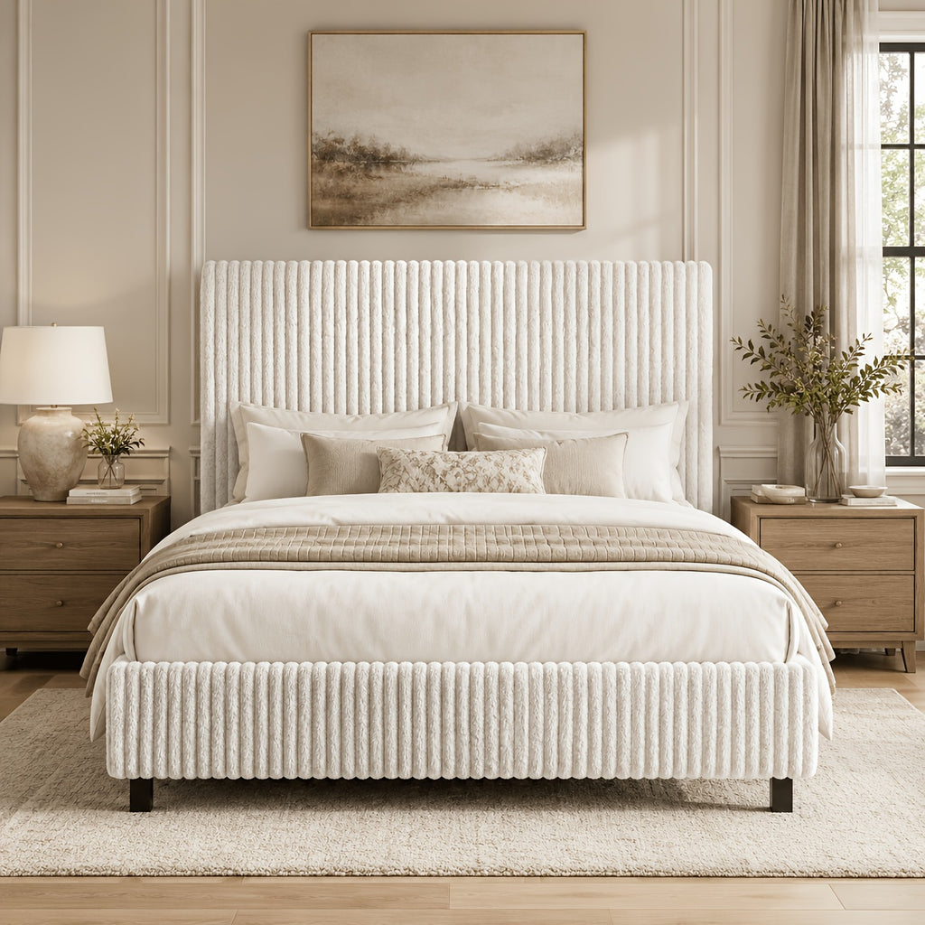 Platform Bed Frame with Upholstered Corduroy Headboard, Fully Padded 3.5" Thick Gap-Free Design, Heavy Duty Metal Slats, No Box Spring Required