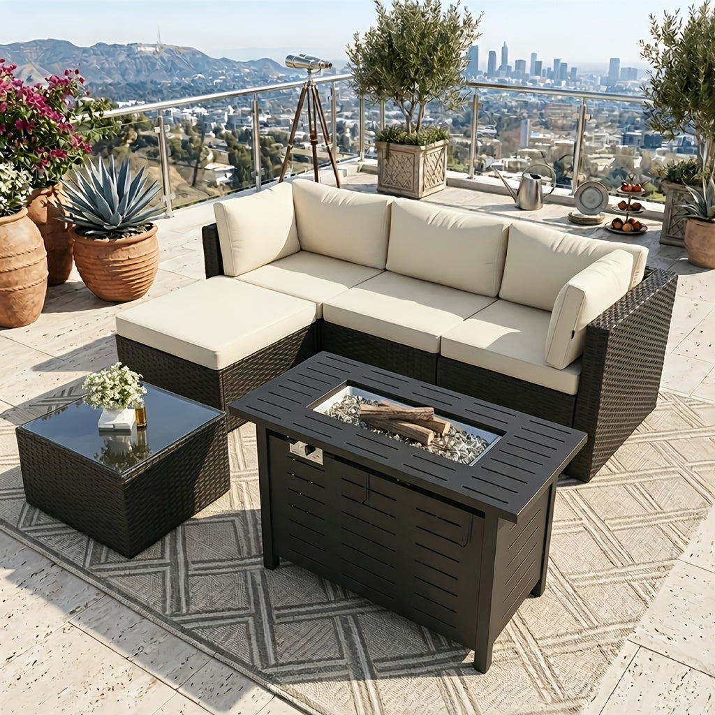 Outdoor Patio Sofa Set in L-Shaped 5- or 6-Piece Design for Backyard and Poolside Lounging