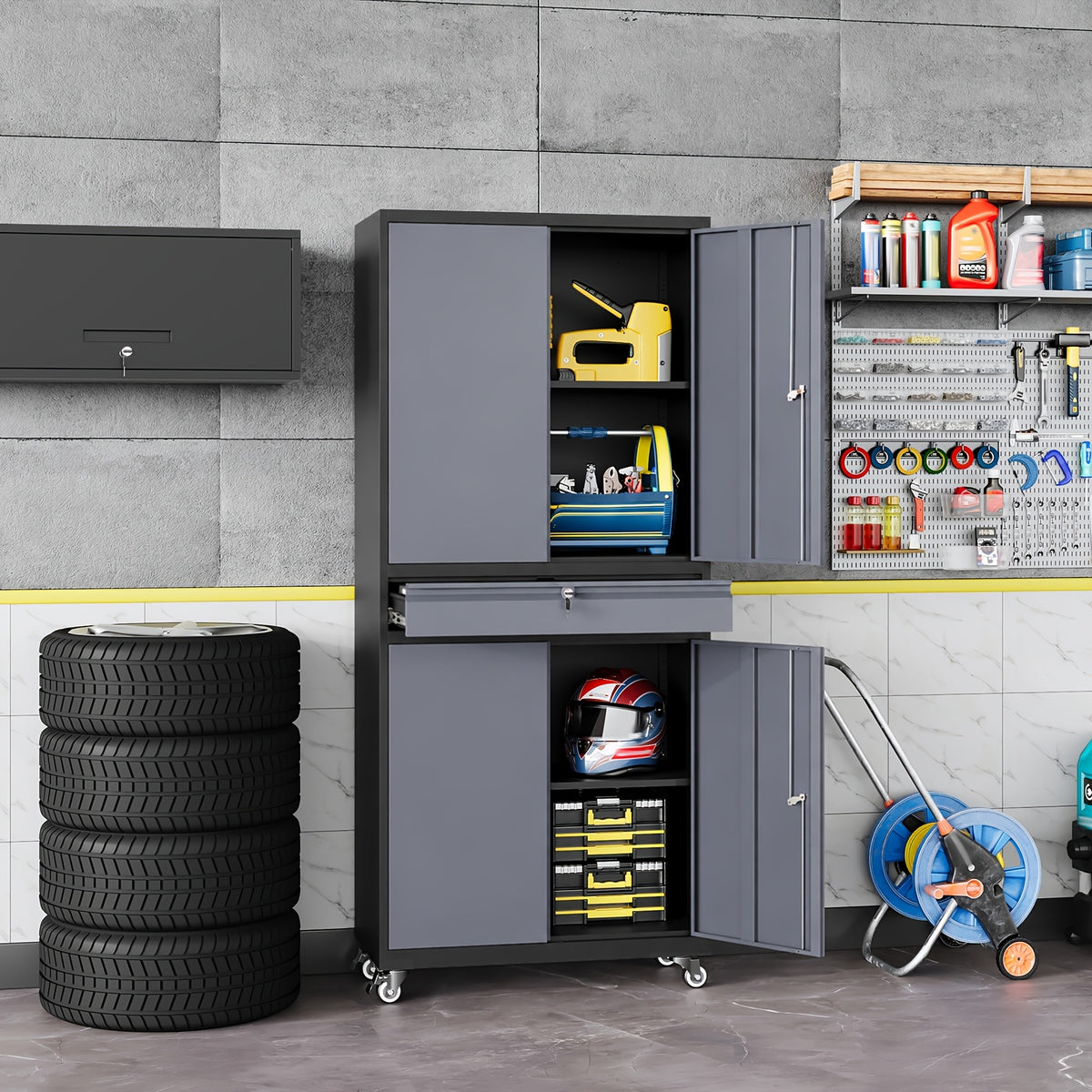 73" Heavy-Duty Steel Garage Storage Cabinet with Lockable Doors & 4-Wheel Mobility System, 1-Drawer Tool Cabinet with Spacious Work Surface - Modern Floor-Standing Design for Home Garage Organization, Workshop Storage, Assembly Required (Locks Not Include