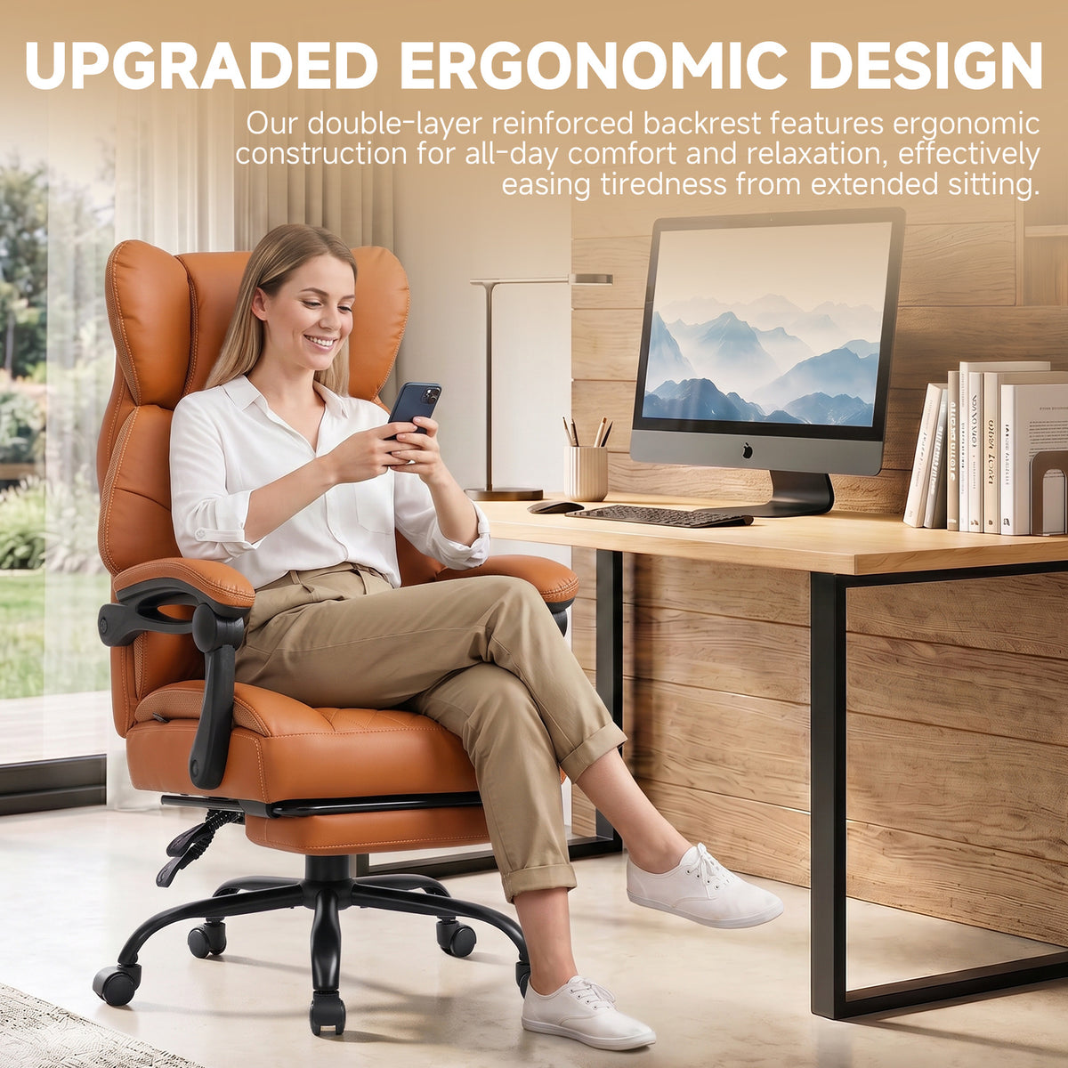 Ergonomic High Back Office Chair with Linkage Widened Armrest, Big&Tall Executive Office Chair, Gaming Chair, Thick Pocket Spring Wide Seated Cushion, Desk Chair with Retractable Footrest for Adults, Faux Leather/Corduroy/Fabric, OC-305