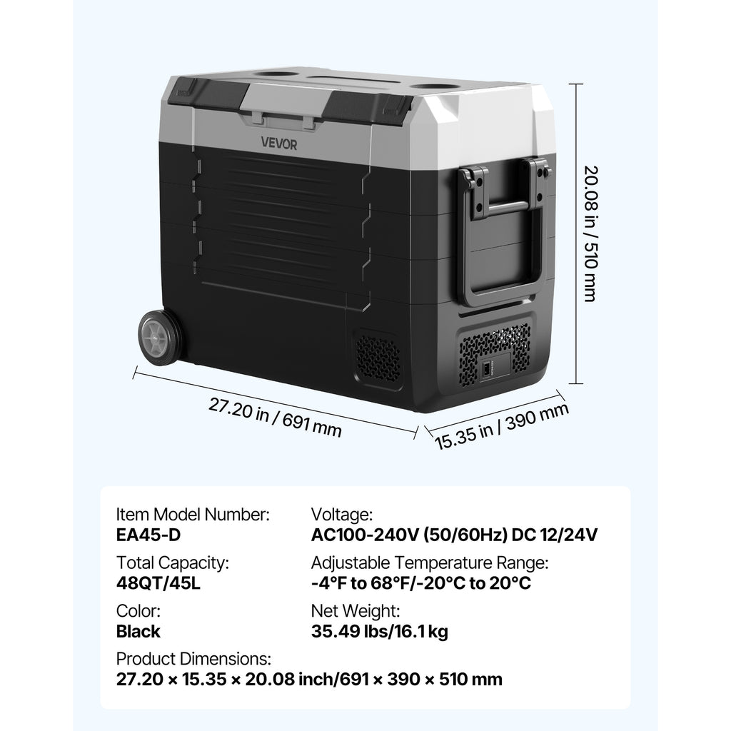 VEVOR Car Refrigerator, DC 12/24V AC100-240V Compressor Electric Cooler, -4°F to 68°F Truck Refrigerator, Wheels & Dual Zone, 48 QT Cars Cooler for RVs, Boats, Camping, Fishing