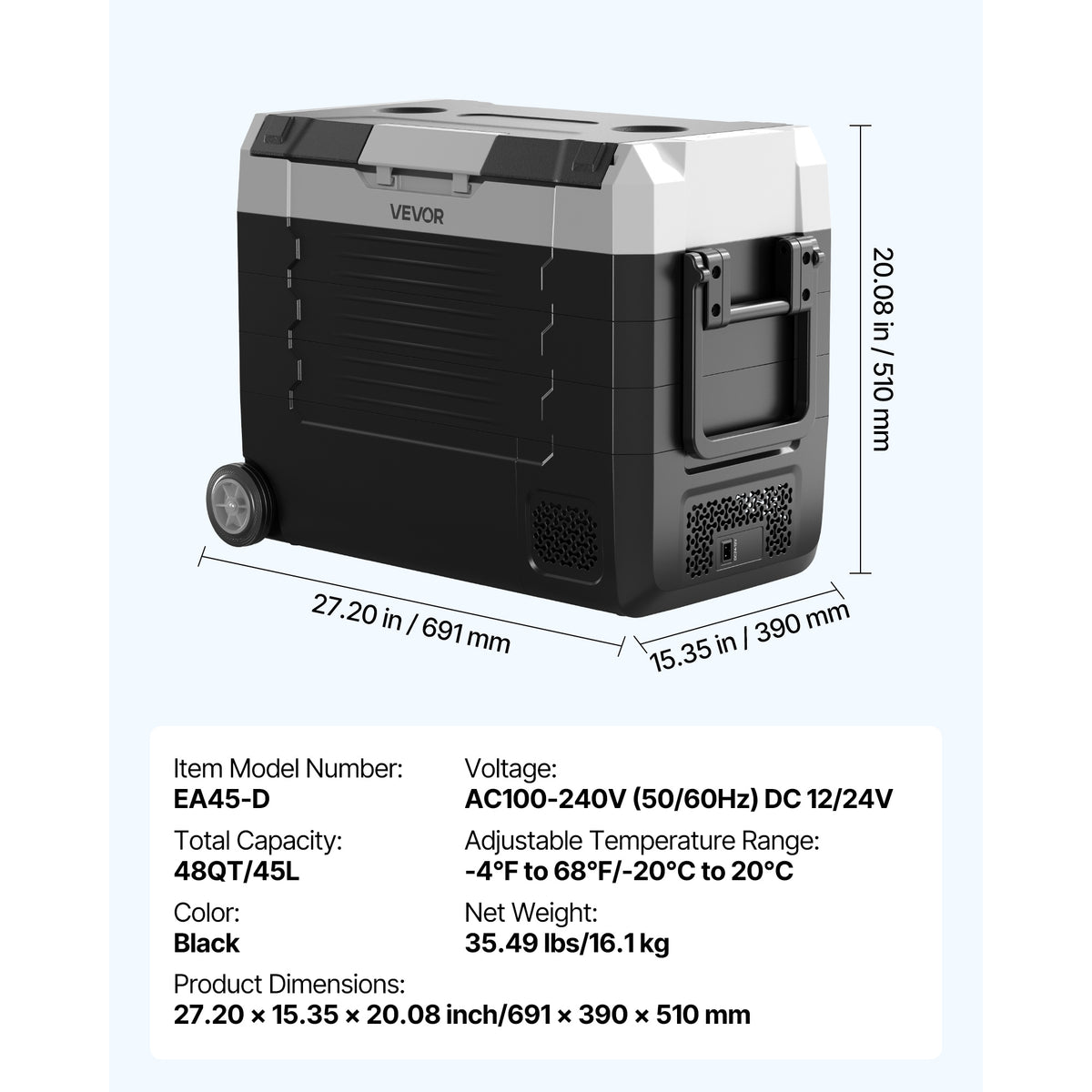 VEVOR Car Refrigerator, DC 12/24V AC100-240V Compressor Electric Cooler, -4°F to 68°F Truck Refrigerator, Wheels & Dual Zone, 48 QT Cars Cooler for RVs, Boats, Camping, Fishing
