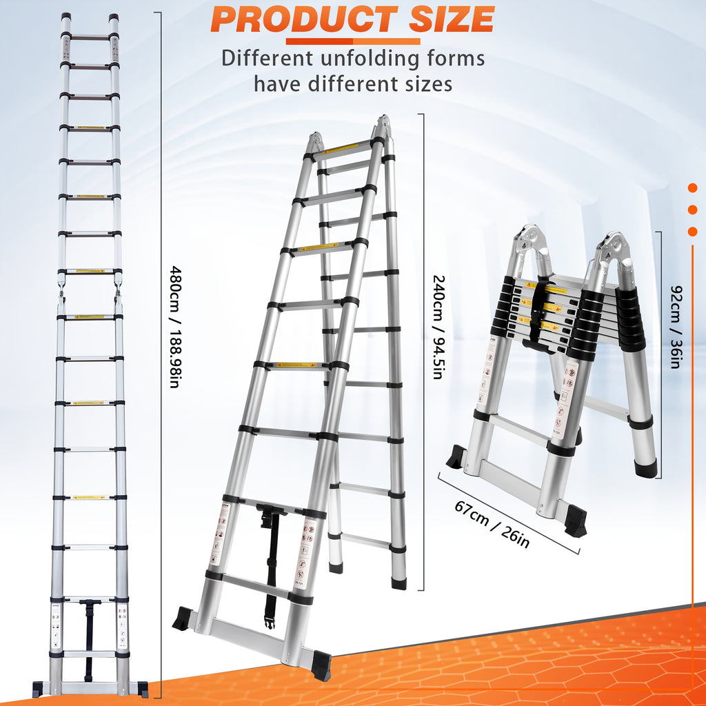 17 FT A-Frame Telescopic Ladder, Adjustable Multi-Purpose Collapsible Extension with Balance Bar And Wheels, Heavy Duty 450 Lbs Max Capacity, Ideal for Home And Outdoor Work, Thickened Aluminum Material, Silver
