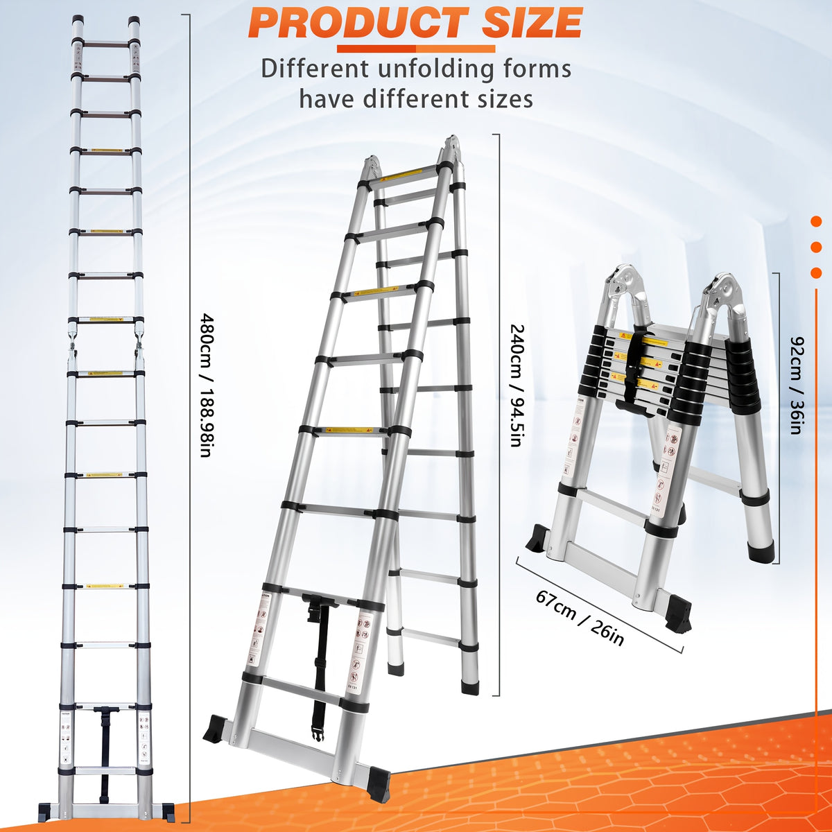 17 FT A-Frame Telescopic Ladder, Adjustable Multi-Purpose Collapsible Extension with Balance Bar And Wheels, Heavy Duty 450 Lbs Max Capacity, Ideal for Home And Outdoor Work, Thickened Aluminum Material, Silver