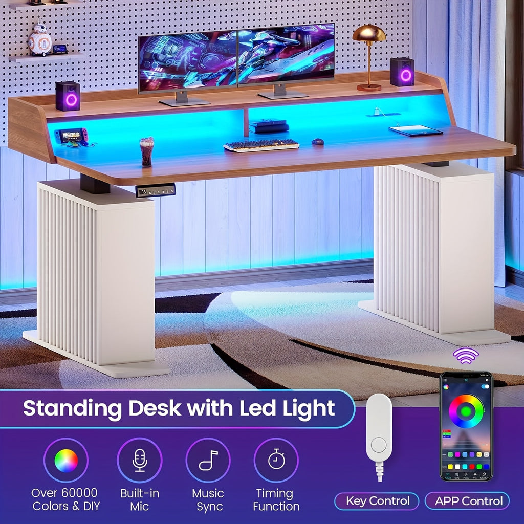 Farmhouse Standing Desk with Storage--55" Height Adjustable Home Office Desk with Power Outlets & LED Lights--Fluted Design Computer Desk with Monitor Stand--Perfect for Modern Home Office Decor--Stylish and Functional Workspace Solution--White/Brown