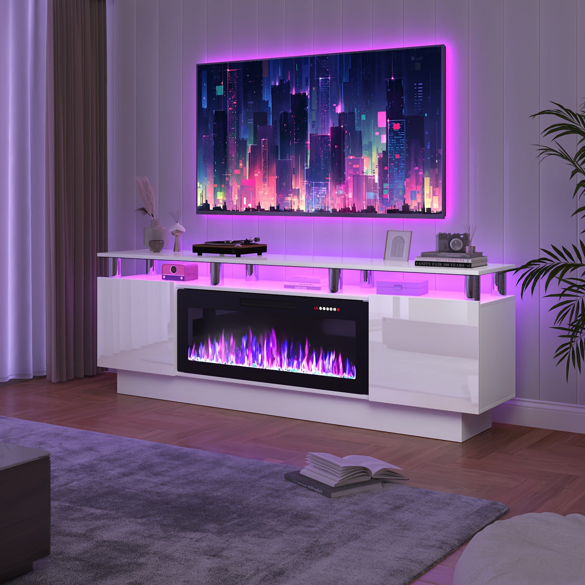 70-Inch Contemporary TV Stand Featuring a 36-Inch Electric Fireplace, Designed As an Entertainment for Televisions Up to 80 Inches, with Modern Wooden Media Storage Cabinets Suitable for The Living Room