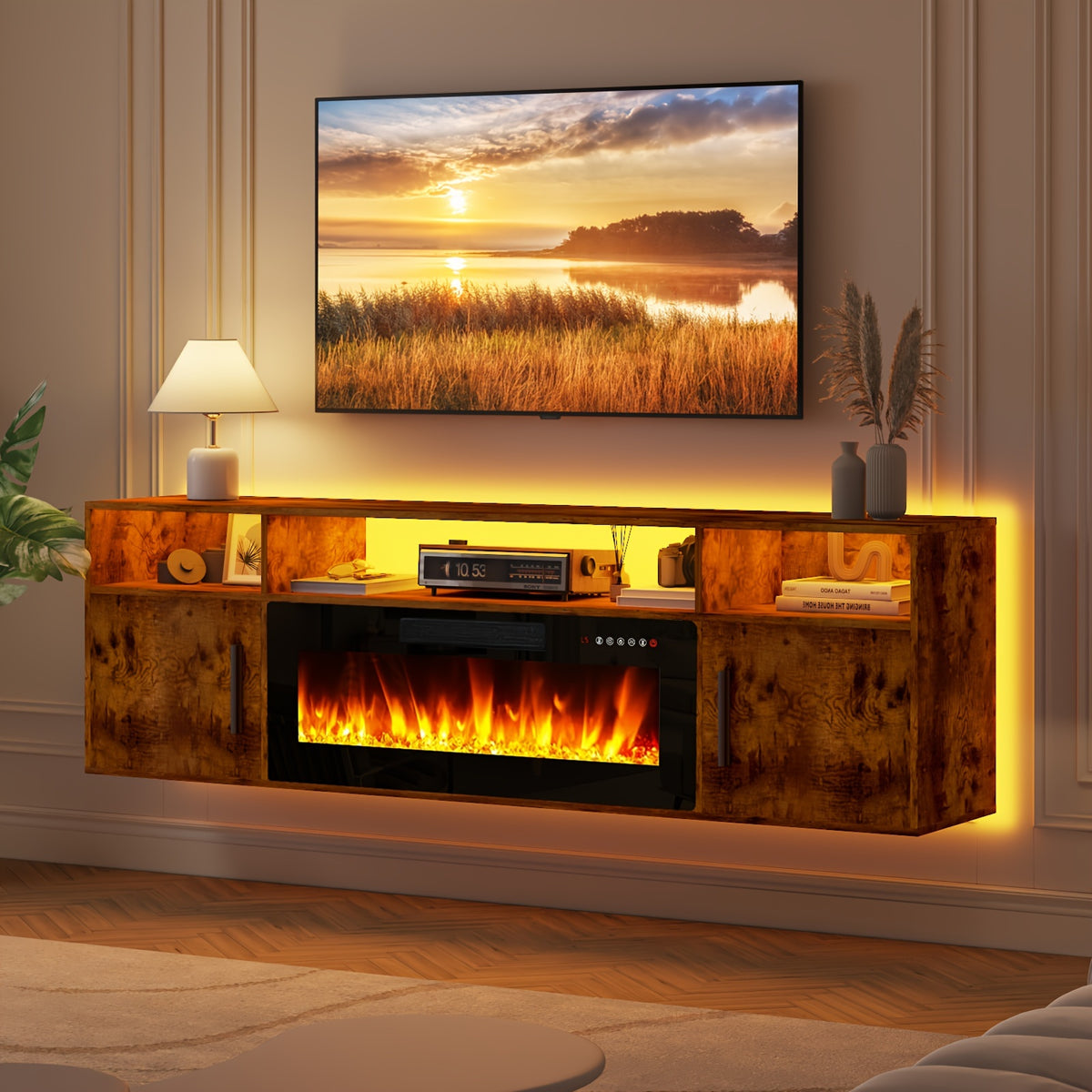 Floating Fireplace TV Stand 70'' Wall Mounted Shelf, LED Light Entertainment Center And Storage, Modern Wood Media TV Console with Highlight Cabinet for Living Room