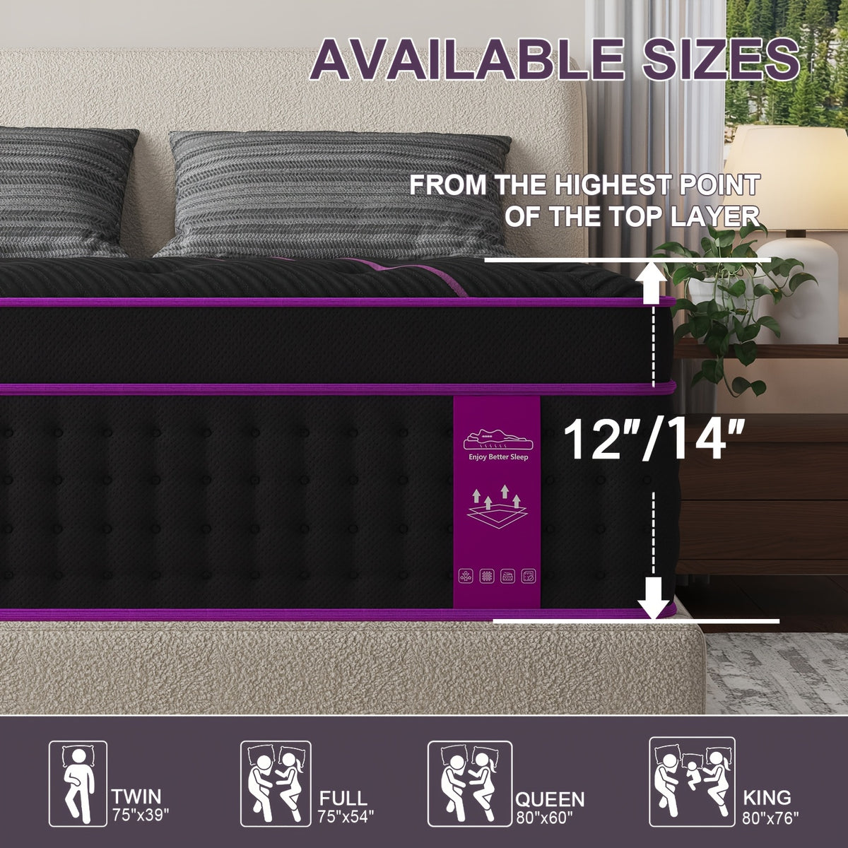 12-Inch/14-Inch Hybrid Mattress, Twn, Full Queen &King Sizes, Ergonomic Support, Individually Wrapped Springs & Memory Foam, Medium Firm