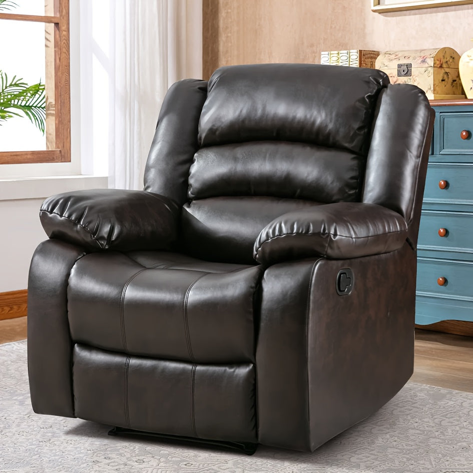 Black Recliner Chair with Overstuffed Arm and Back, Breathable Faux Leather Manual Reclining Chairs, Living Room Single Sofa Recliners