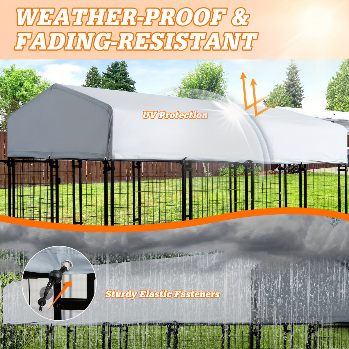 8x4x6ft Outdoor Dog Kennel with Roof Cover, Heavy Duty Dog House Outside with Lockable Door, Indoor Dog Playpen Outdoor Dog Cage Pen Pet Fence with 2 Rotating Feeding Bowls for Large Dogs