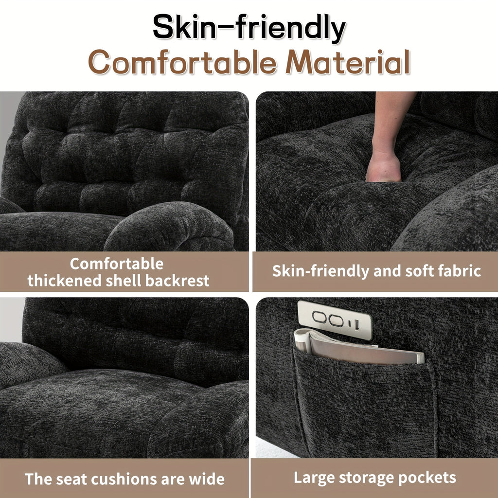Living Room Swivel Recliner, Adult Electric Recliner with USB Ports and Side Pocket Storage, Comfortable Soft-shell Rocking Chair, Chenille Material Large-seat-width Recliner for the Living Room, Generously Wide Seating, a Fine Gift