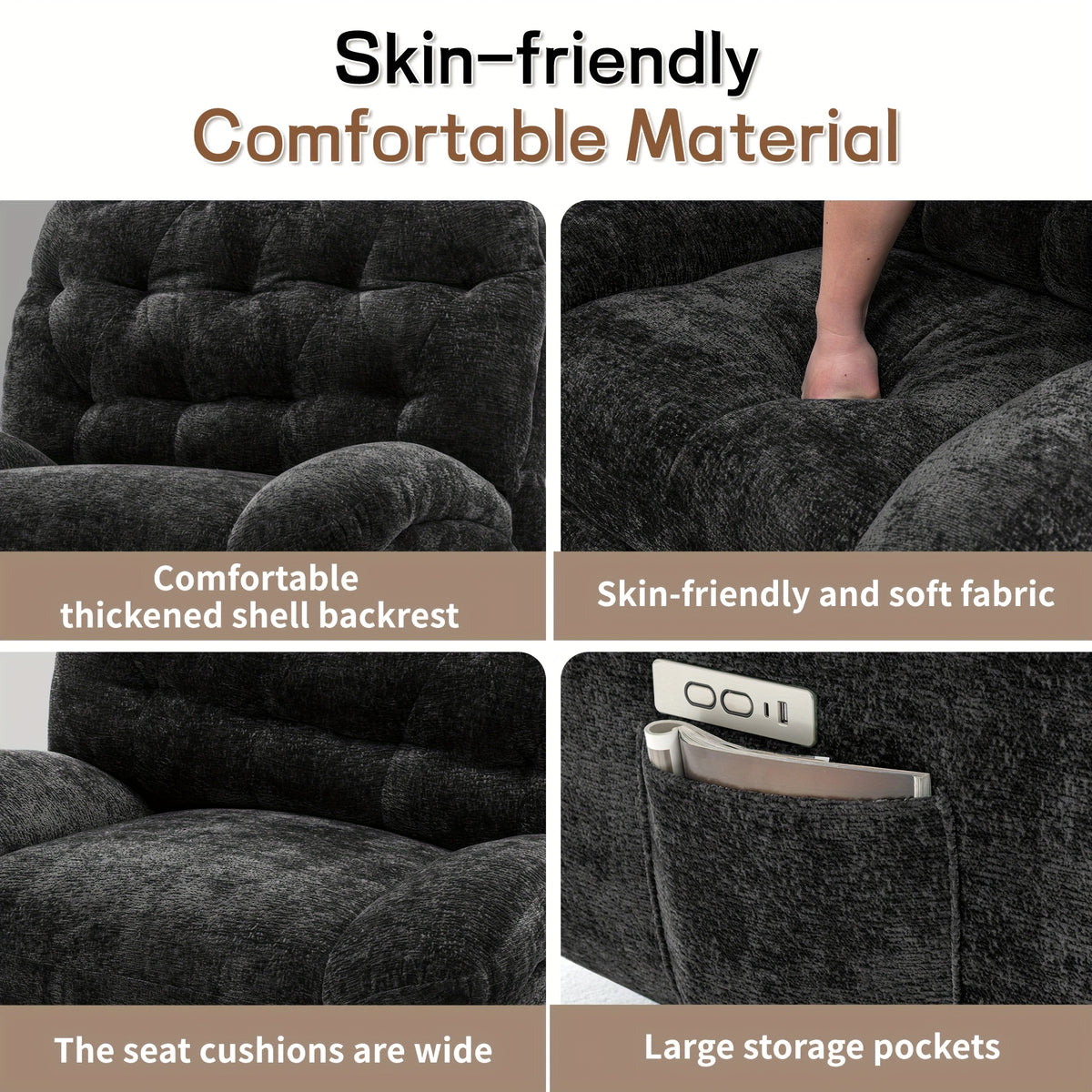 Living Room Swivel Recliner, Adult Electric Recliner with USB Ports and Side Pocket Storage, Comfortable Soft-shell Rocking Chair, Chenille Material Large-seat-width Recliner for the Living Room, Generously Wide Seating, a Fine Gift