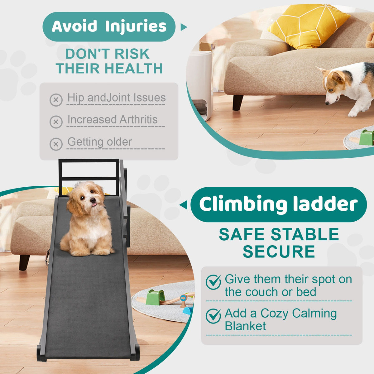 Dog Ramp, Adjustable Height Wooden Folding Pet Ramp for Bed, Couch,SUV-High Traction, Portable Paw Ramps for Small & Large Old Dogs & Cats - Furniture Quality