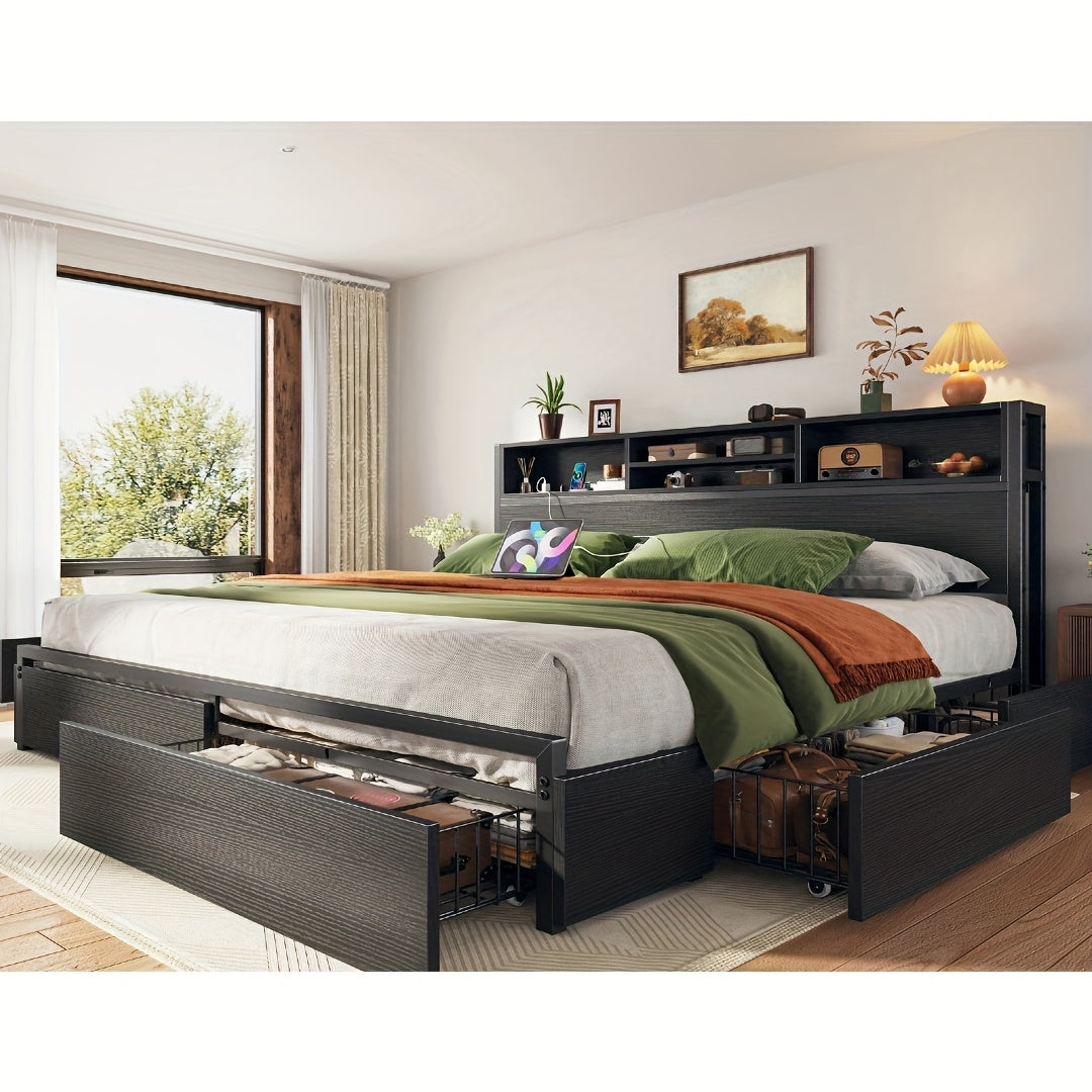 Queen/King Size Bed Frame with 6 Storage Large Drawers Forbedroom, Modern Bed Frame And Open Storage Headboard with Fast Charging Station, No Noise, No Box Springs Needed, Black, Easy Assembly, 2pcs Nightstand with 4 Fabric Drawer Sold Separately